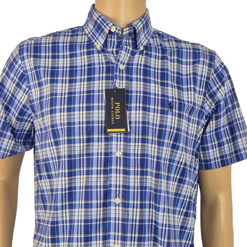 Polo Ralph Lauren Men's Shirt Size M Short Sleeve Plaid Dk Blue Performance (60)